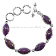 Natural Purple Copper Turquoise Gemstone & 925 Silver Vintage Style Link Bracelet